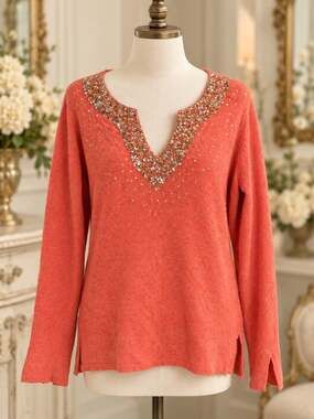 Glam Souls Coral Sequin Beaded Sweater Wool Cashmere Blend Long Sleeve